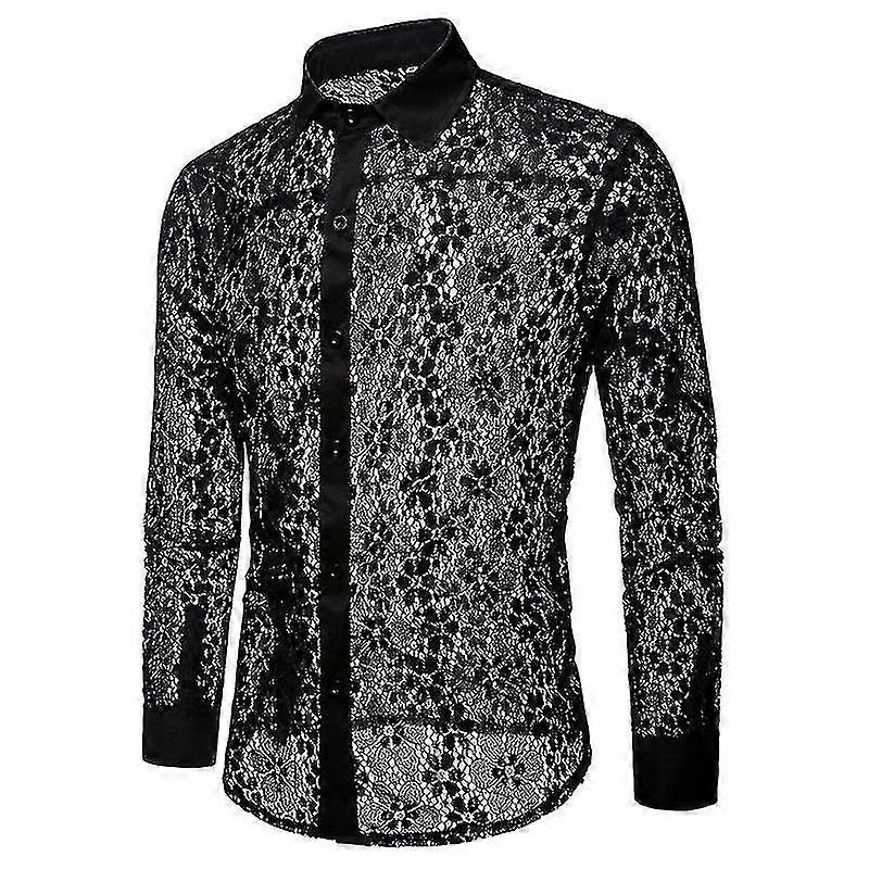 Men's Fishnet Button Down Shirts, See Through Lace Sheer Shirts