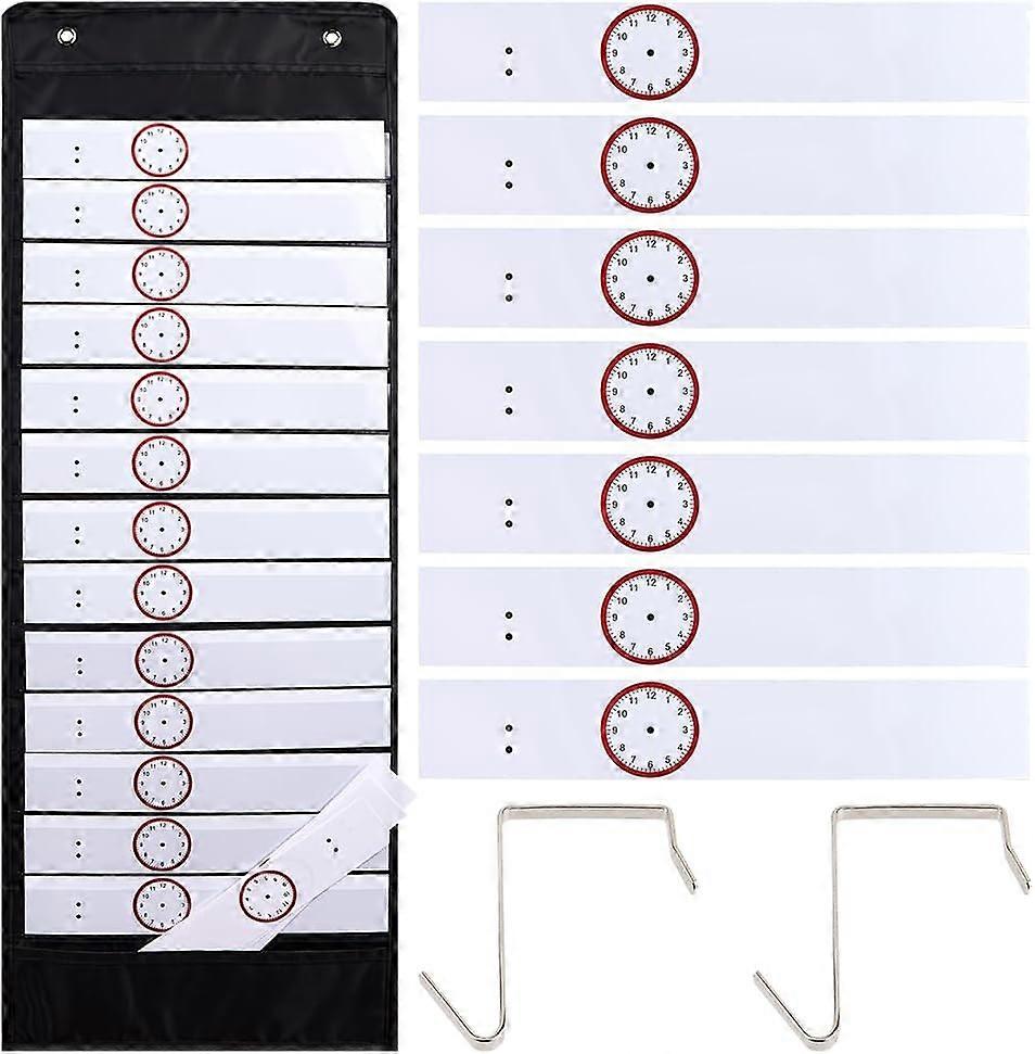 Daily Schedule Pocket Chart with 18 Plan Cards 13+1 Pockets 2 Iron Hooks Black Oxford Cloth Foldable Scheduling Pocket Chart for Classroom Office Home
