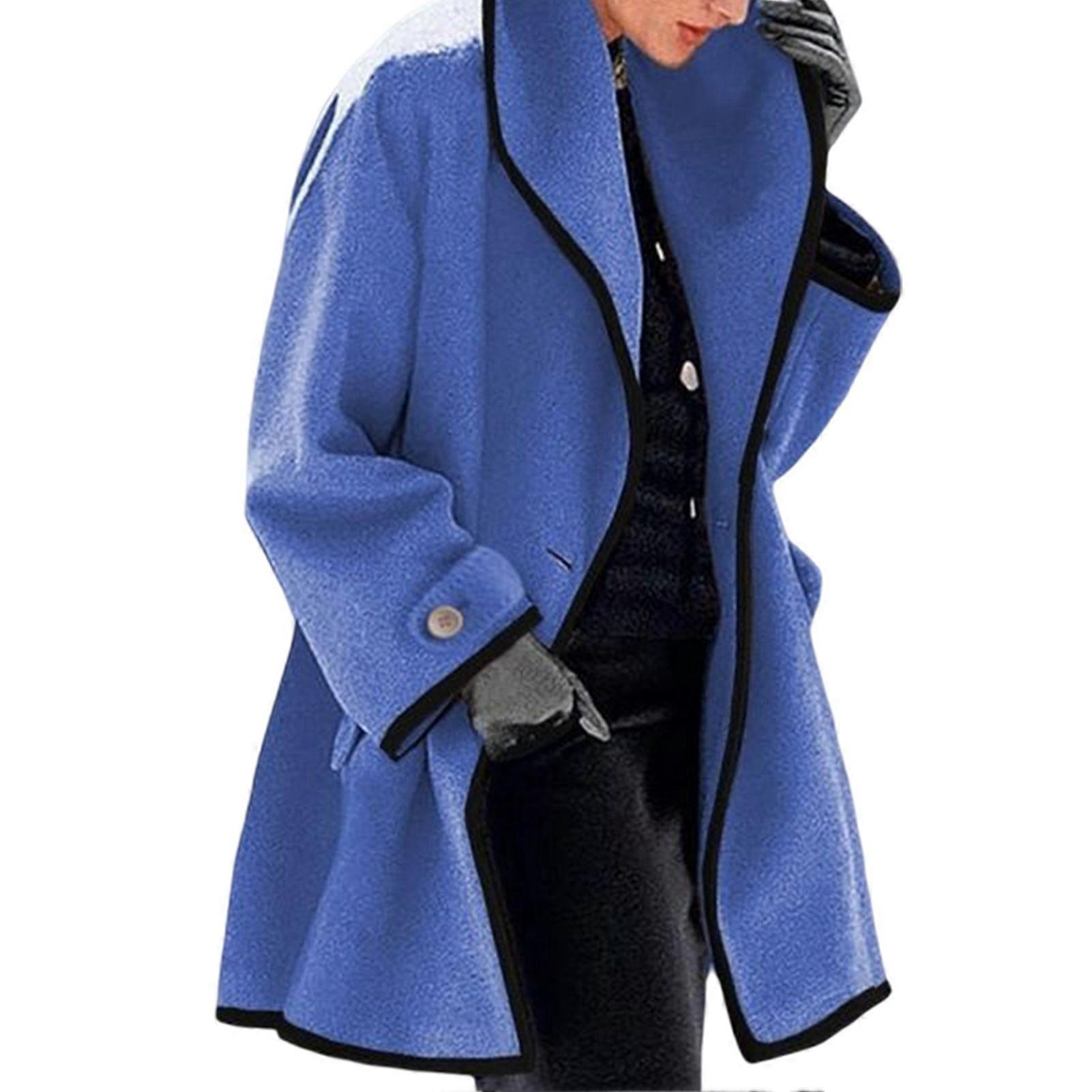 Women\'s Autumn Winter Woolen Coat Hooded Color Block Woolen Coat Long Sleeve Cardigan Trench jacket