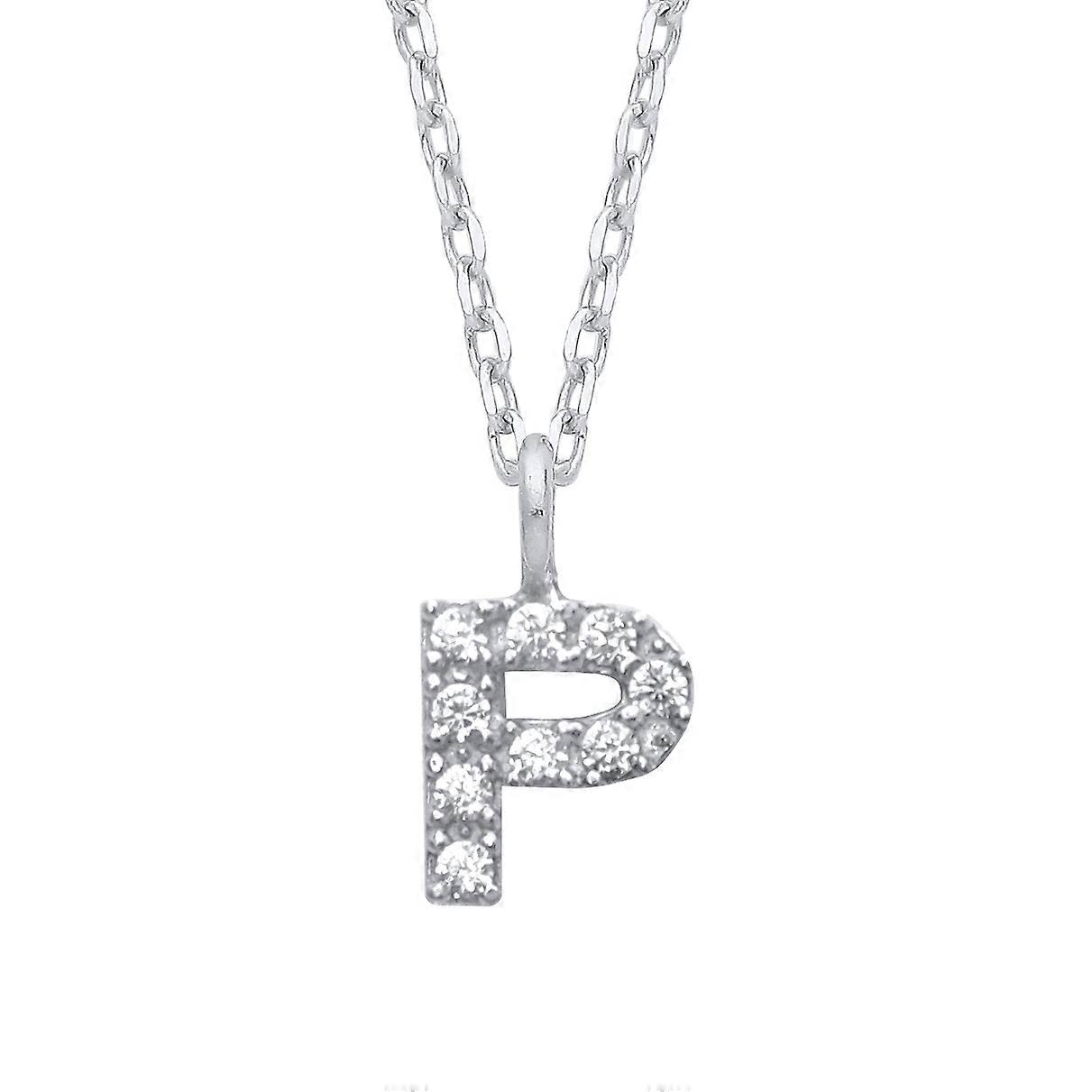 Jewelco London 女士镀铑纯银镶嵌迷你初始吊坠项链 16 + 1 英寸
