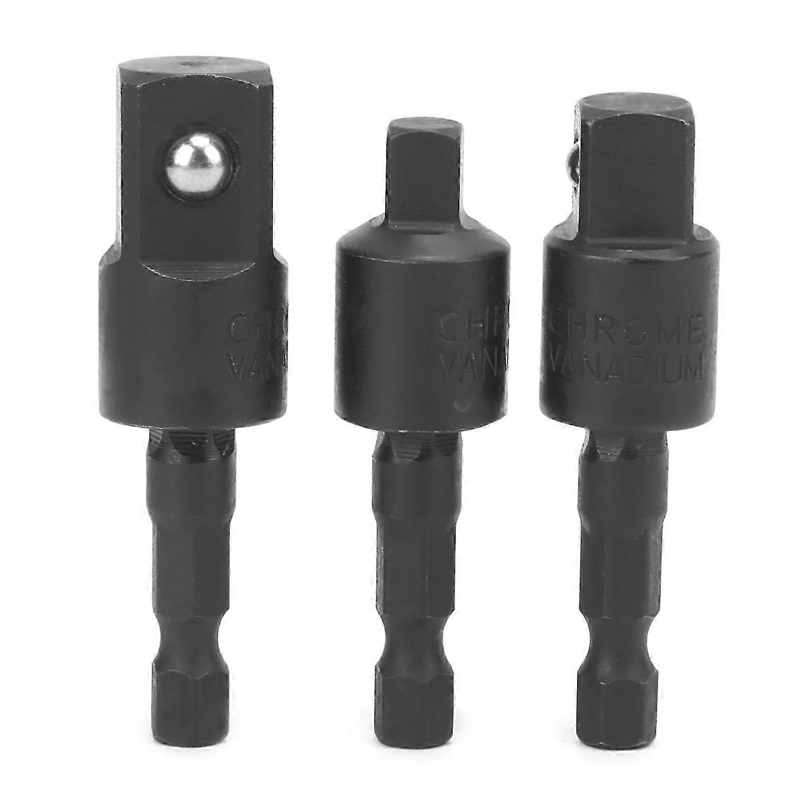 3Pcs Power Drill Socket Set Metal Hex Shank Impact Driver Adapter 360 Degree Rotatable Black