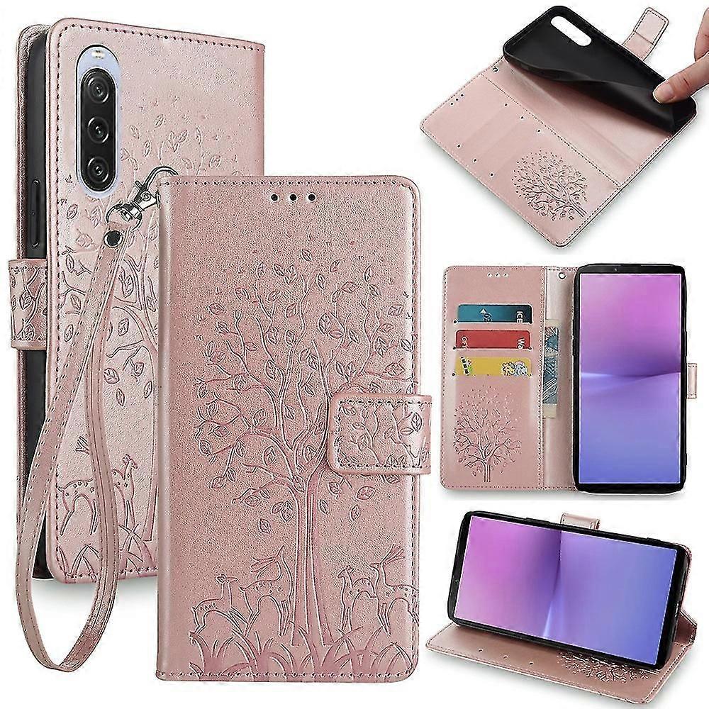 For Sony Xperia 10 V Magnetic Case Leather Imprinted Deer Tree Pattern Cover - Grey