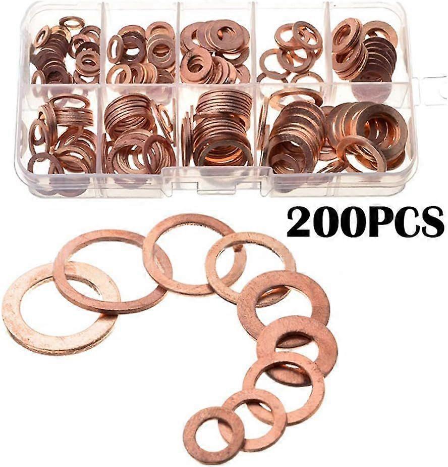 200 Pieces Copper Washer Assortment Kit 9 Sizes Metal Washers Gaskets M5 M6 M8 M10 M12 M14 Mechanical Seal Washer with Plastic Box