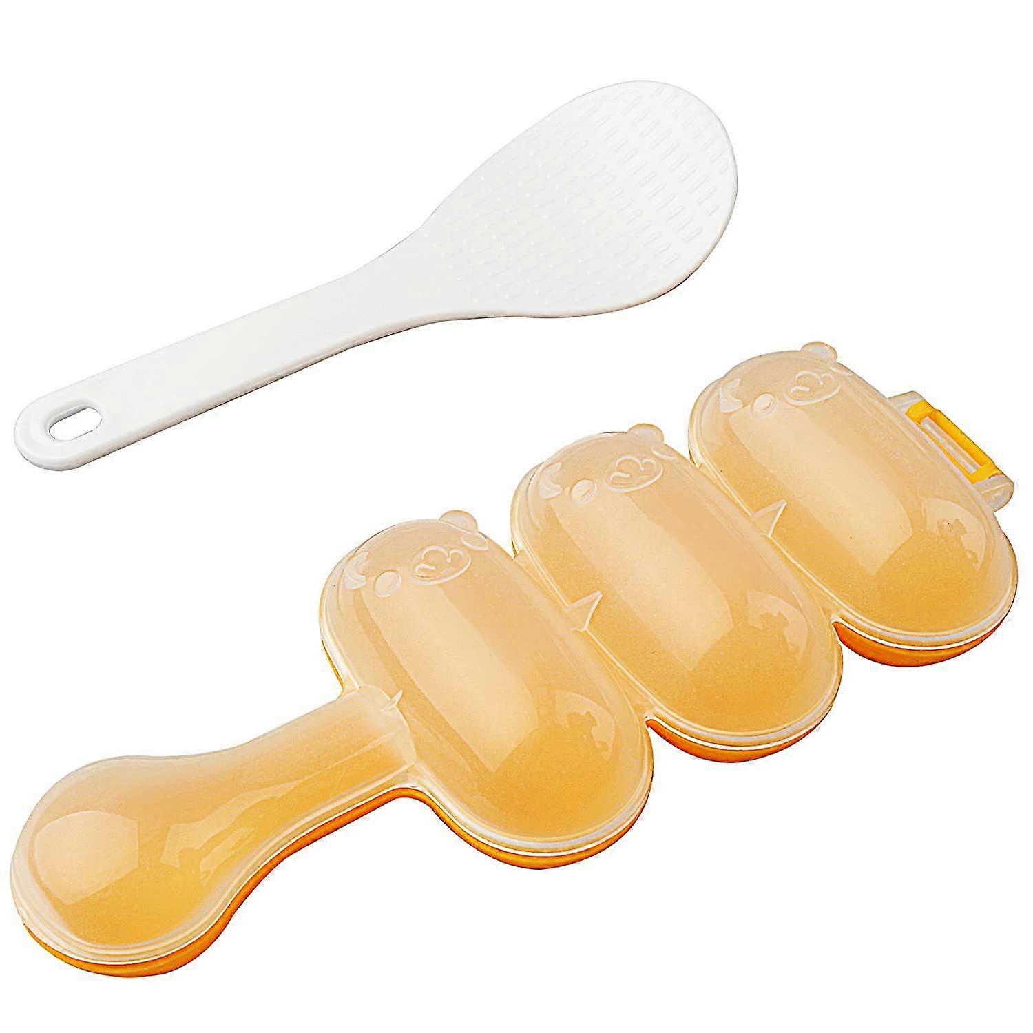 Onigiri Mold - Nonstick Onigiri Shaker with 3 Grids, Yellow Sushi Roll Making Kit with 1 Pieces Spoon Kitchen Mold Tool
