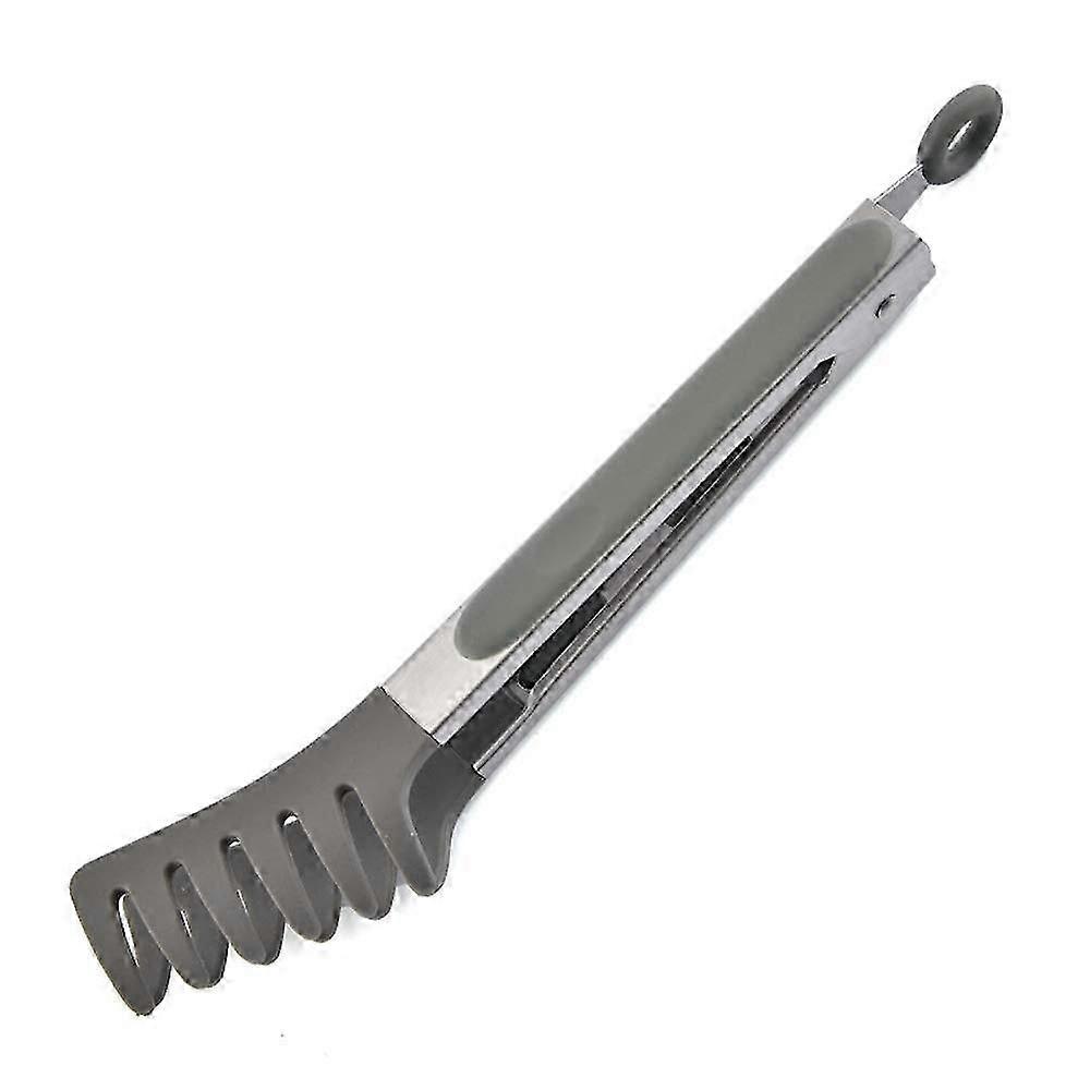 10 Inch grey stainless steel pasta tongs designed for use with various brands featuring silicone tips for a comfortable grip.