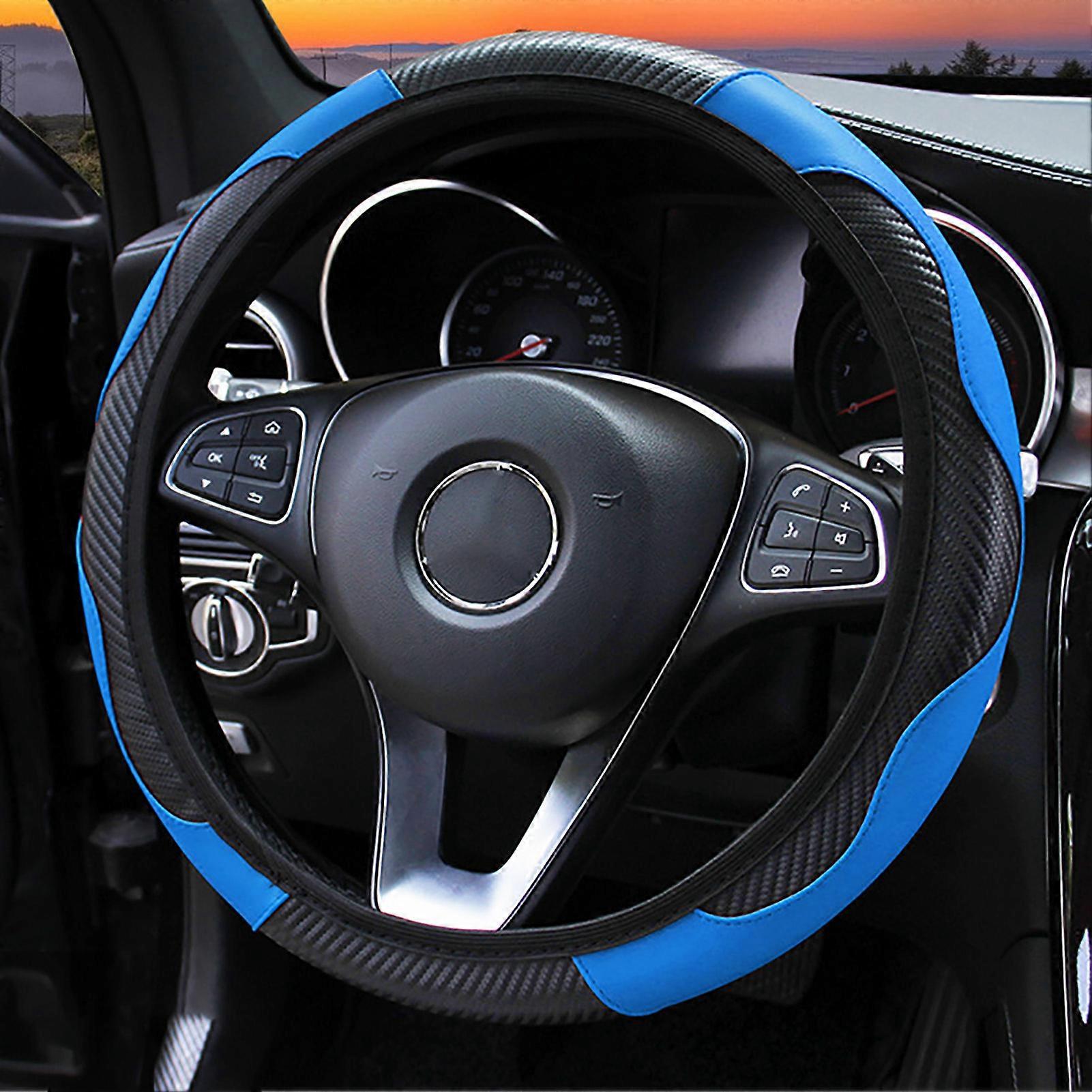 38cm Carbon Fiber Steering Wheel Cover with Elastic Non-Slip Grip for Car Black Blue