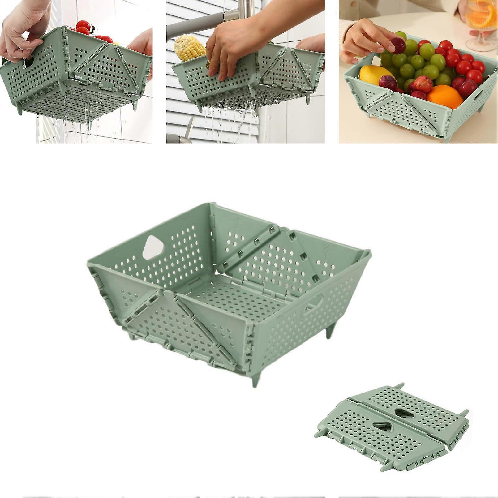 Foldable Strainer Plastic Storage Basket Space-Saving Draining Basket Dishwasher Safe Green Fruit Vegetables Berries