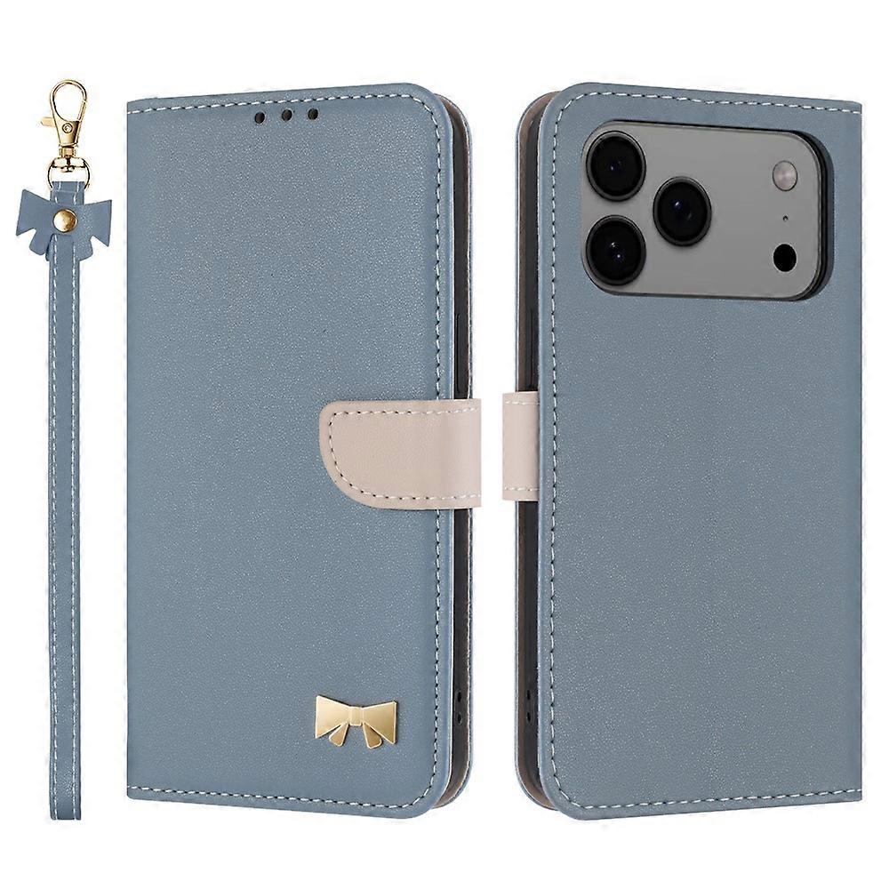 لهاتف iPhone 17 Pro Max Case Bowknot Decor Wallet غطاء هاتف جلدي مع حزام معصم أزرق فاتح
