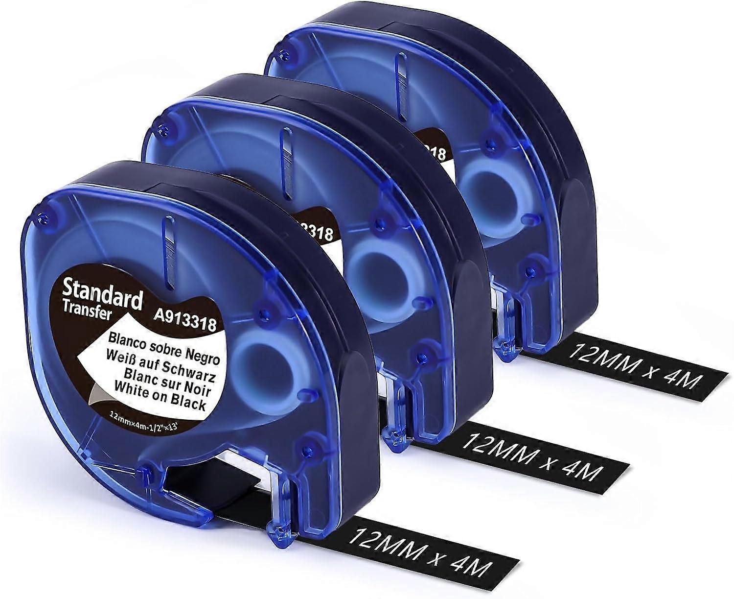 Material: Plastic Dym0 compatible tag  Part Number: A913318  white text on black background  12 mm x 4 m