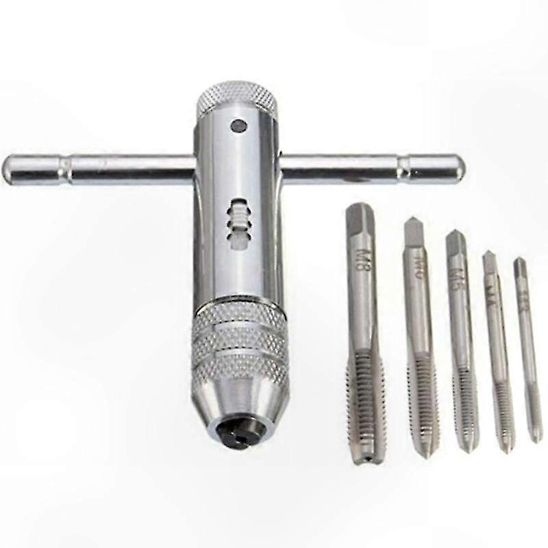 T Bar Handle Ratchet Tap Holder, Adjustable Tap Wrench with 5pcs M3-M8 3mm-8mm T Shape Metric Plug Machine Screw Thread Tapping
