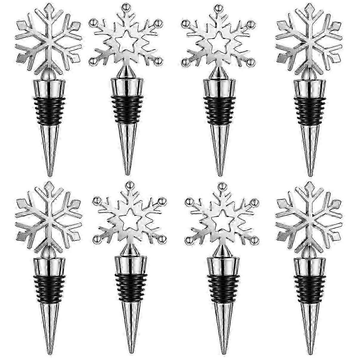 8-Piece Reusable Snowflake Wine Stoppers for Bottles - Black & Silver Beverage Stoppers