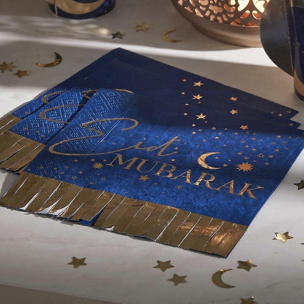 Navy and Gold Eid Mubarak Fringe Napkin  Pack of 16