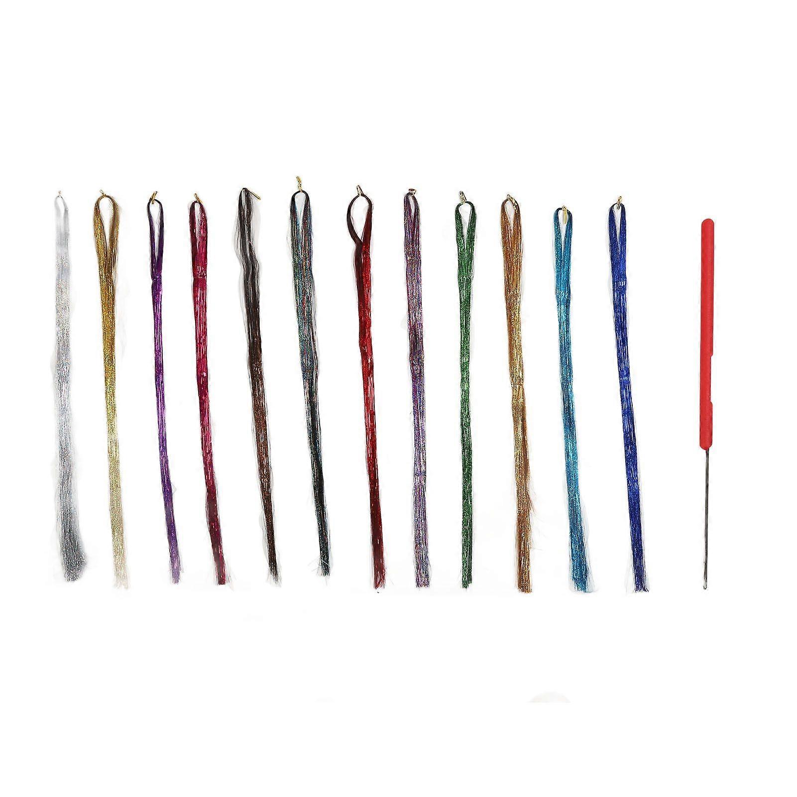 Hair Tinsel Kit Girls Extensions with Tool 12 Colors Sparkling Shiny with Highlights Glitter