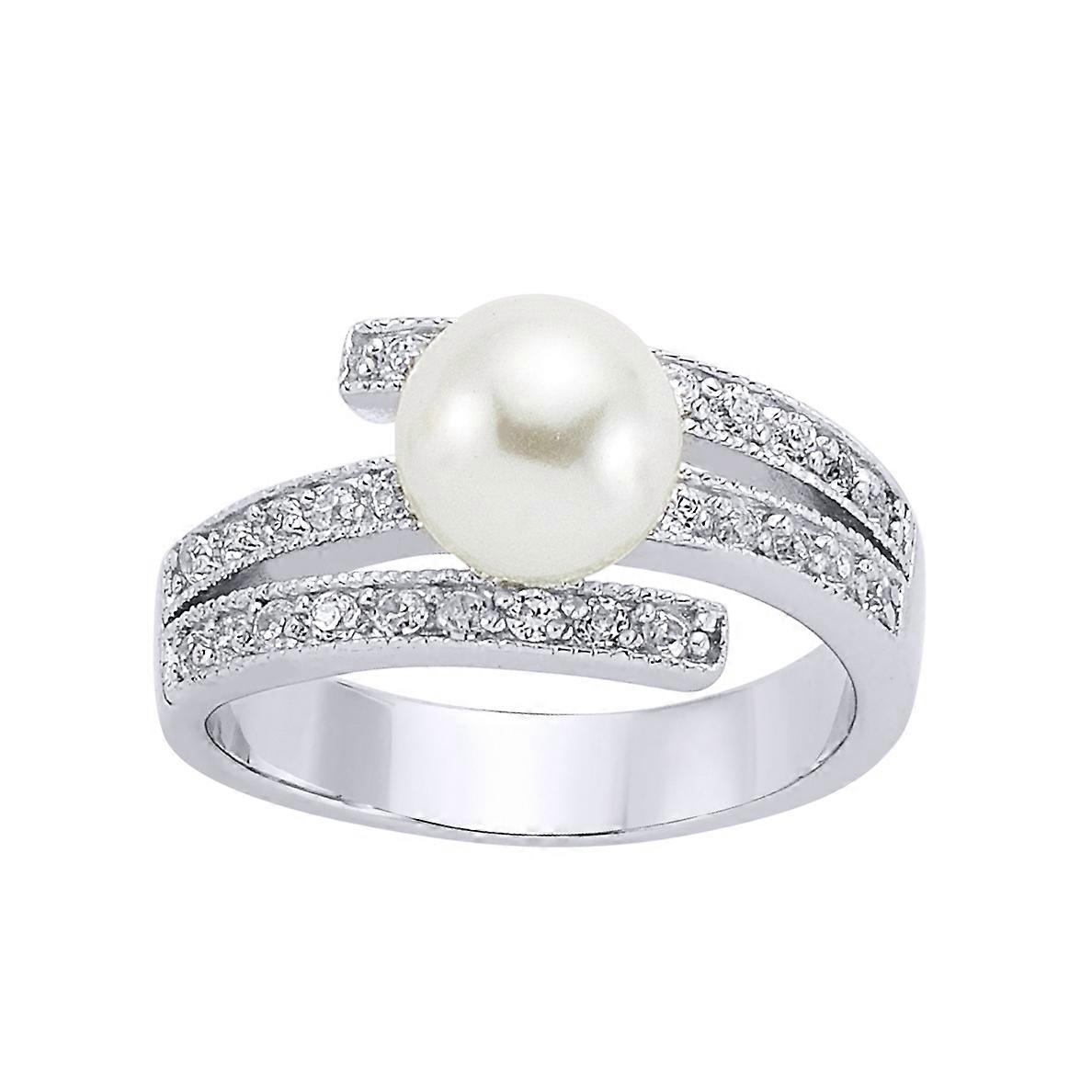 Jewelco London Ladies Sterling Silver Cubic Zirconia & Simulated Pearl Crossover Full Moon Dress Ring 9mm