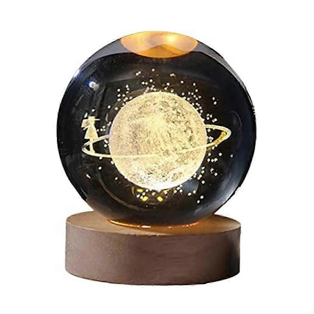 LED 3D Engraved Galaxy Ball Night Light Starry Glass Sphere Lamp with Wooden Base Home Decor Gift for Women and Girls