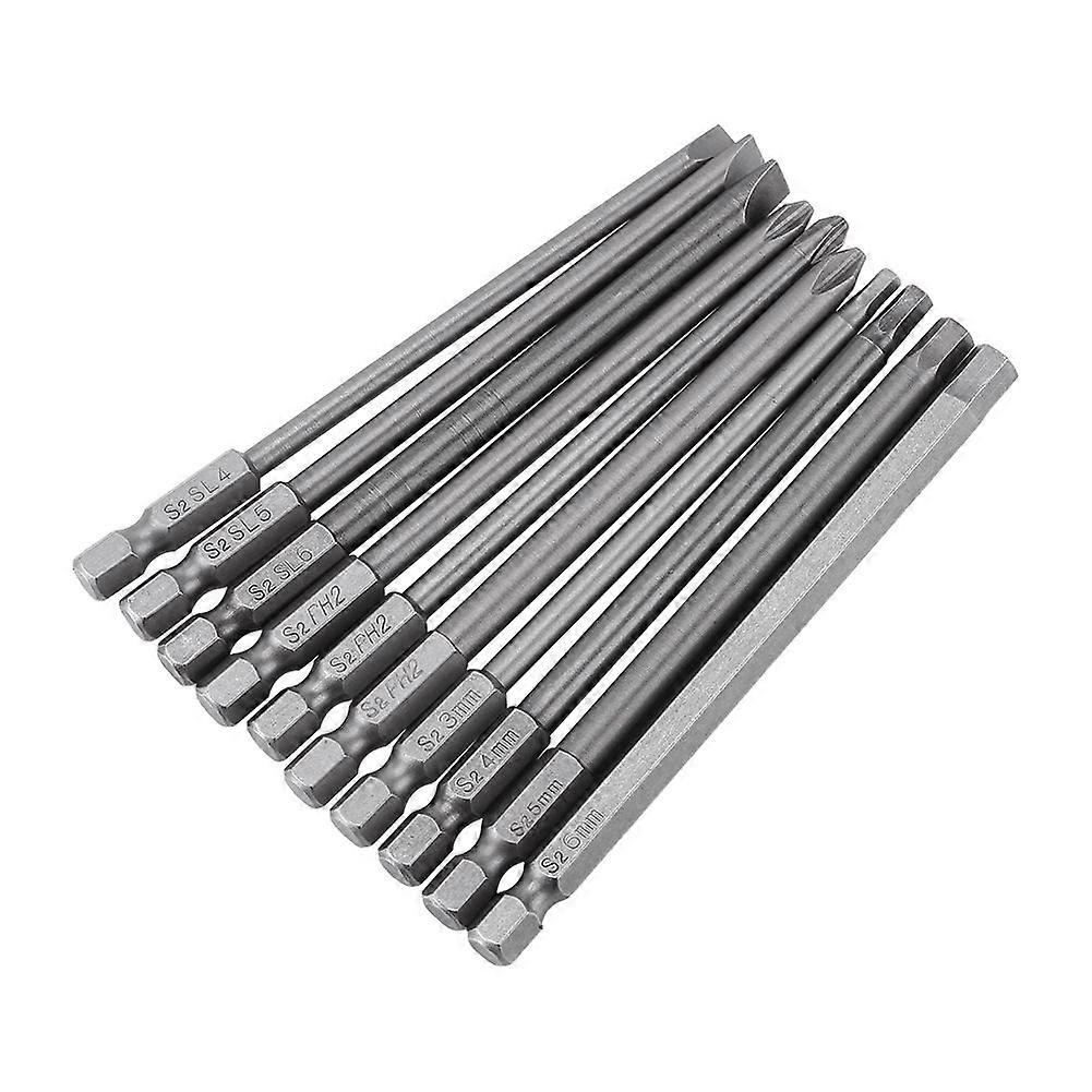 10pcs 1/4 Inch Hex Shank 100mm Long Magnetic BST Screwdriver Bits Set (Slotted+Cross Hex head)