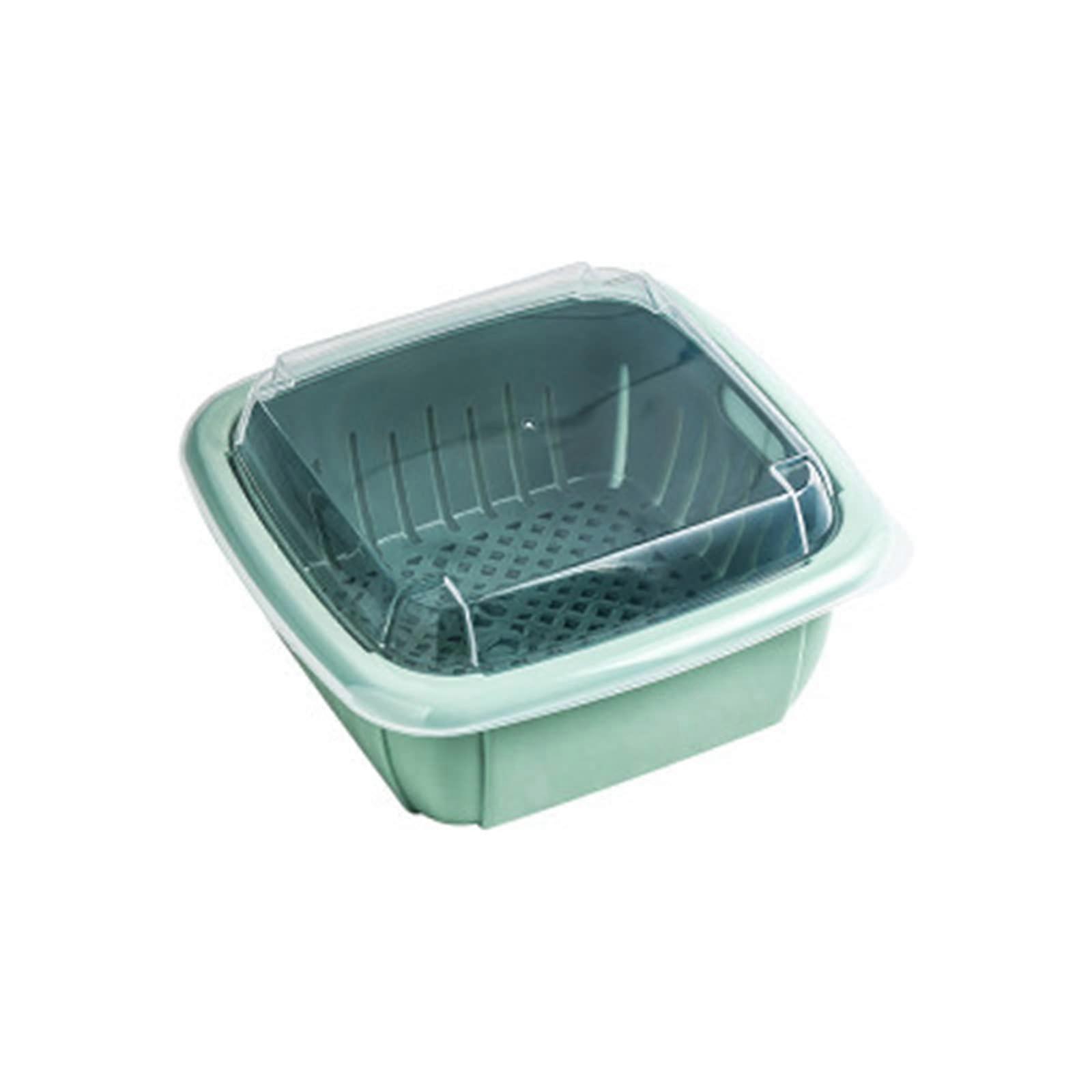 Double-Layer Drain Basket Kitchen Storage Box 22cm Square PP Crisper with Lid for Vegetables Washing and Organizing Green