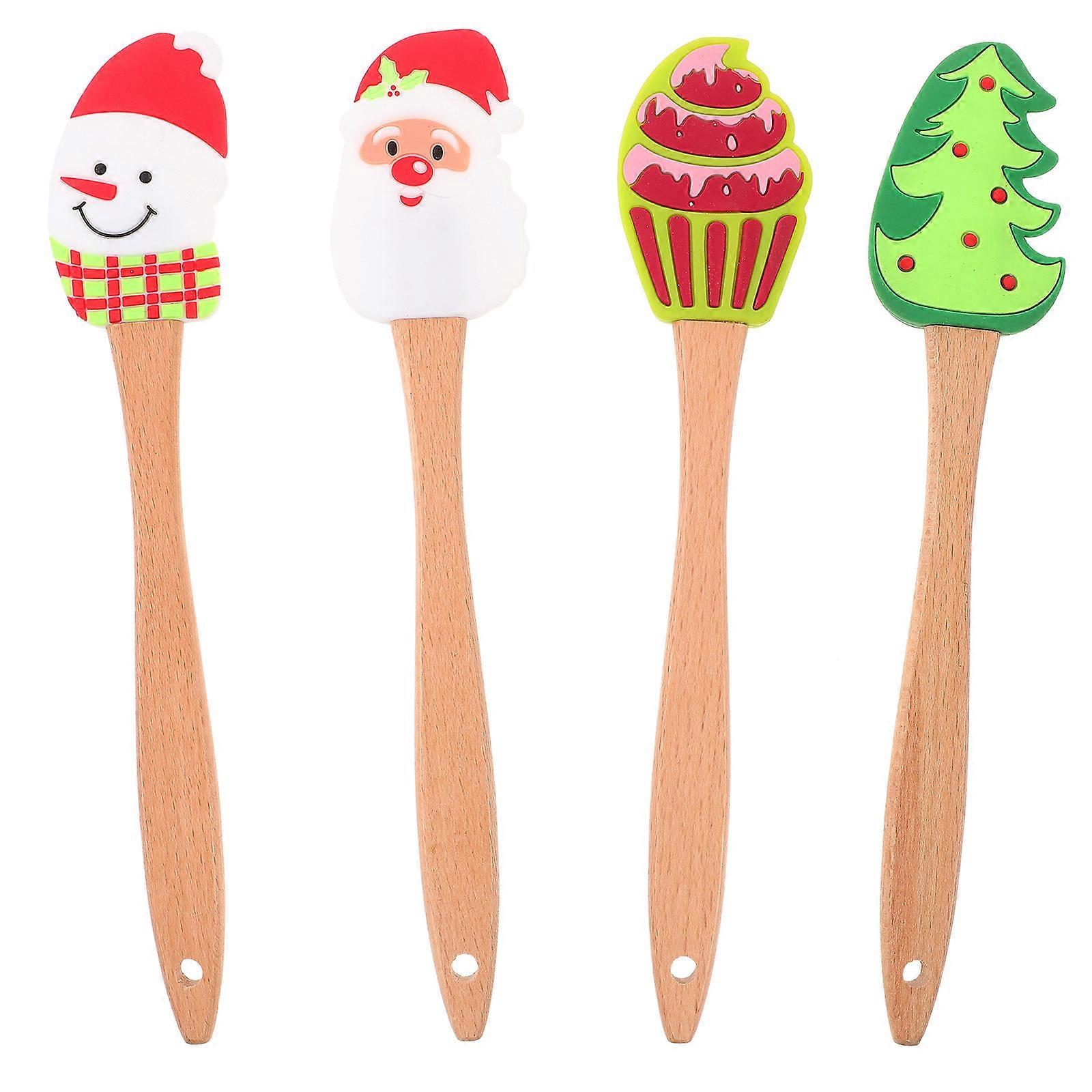 Baking Spatula 4Pcs Christmas Themed Cream With Wood Handle For Indoor Baking Assorted Color Reusable