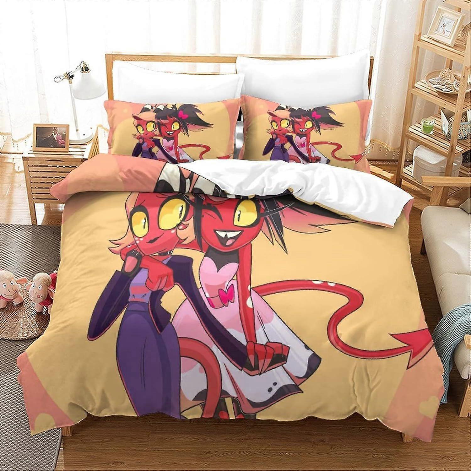 (bbyx40) Helluva Boss Verosika's Crew Loona Blitzo Moxxie Bedding Quilt Cover 3D Printed Quilt Cover with Zip, Closed, with Pillowcase, Microfiber Qui