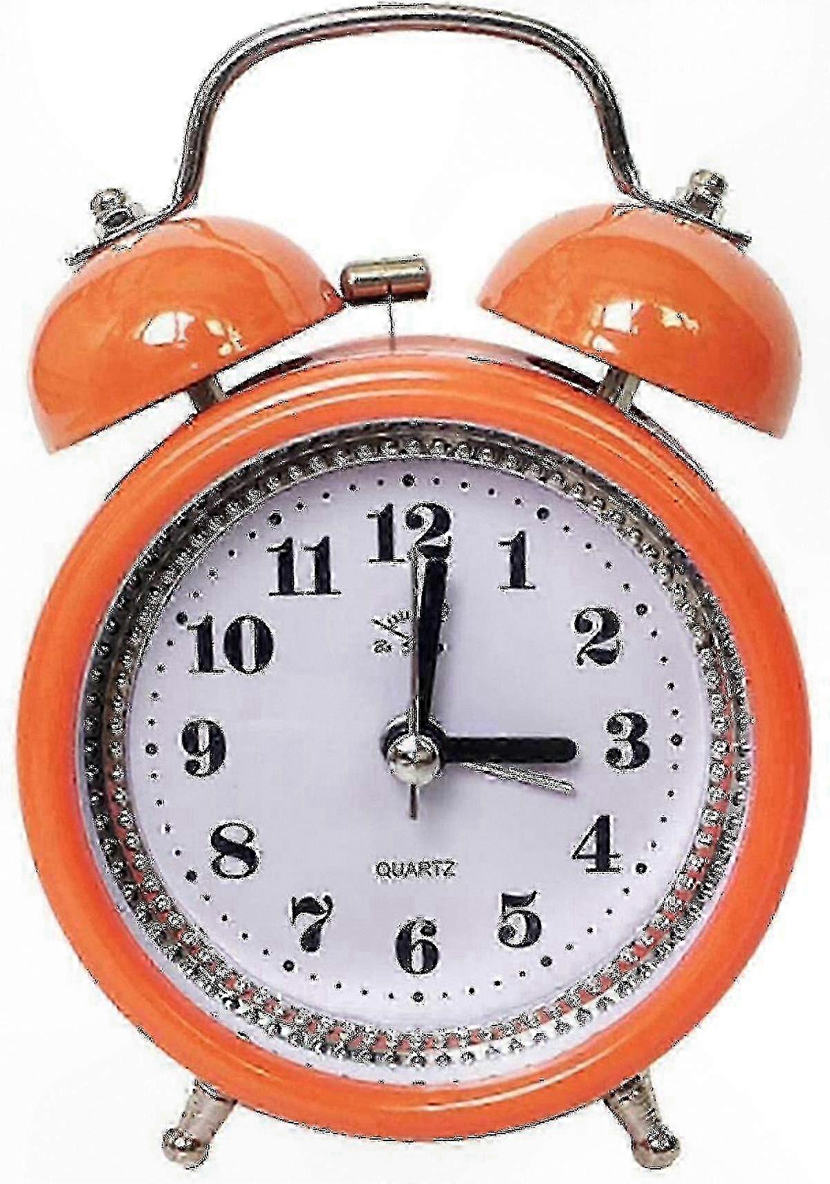 Retro Twin Bell Alarm Clock with Backlight, Silent Battery Operated Analog Desk Clock, 12x8x5cm Orange