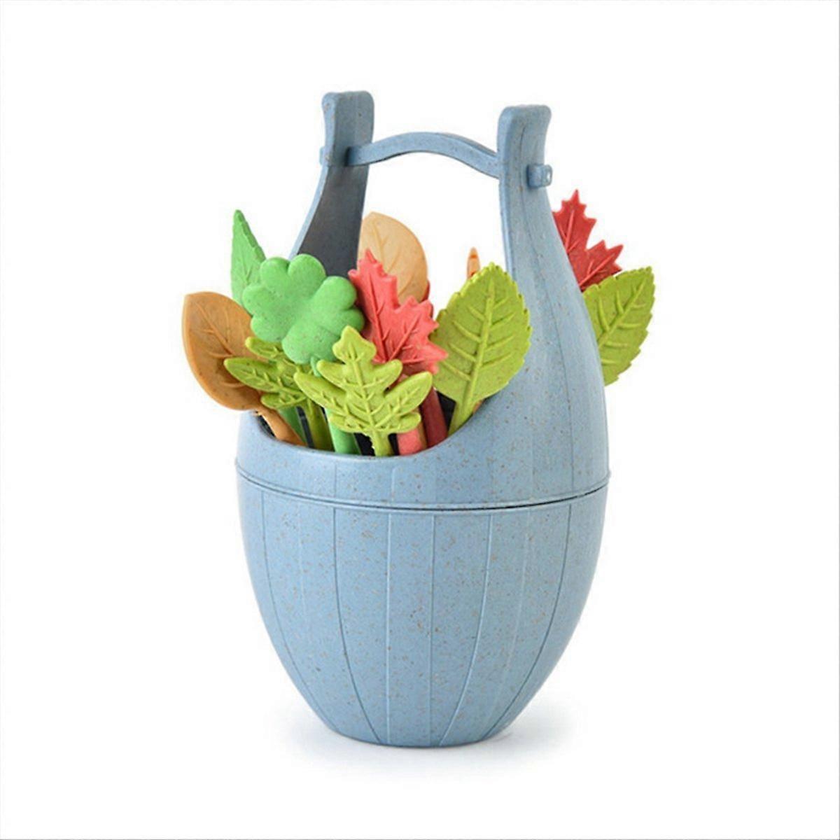 Wheat Straw Fruit Fork With Storage Bucket Mini Toothpick,Blue