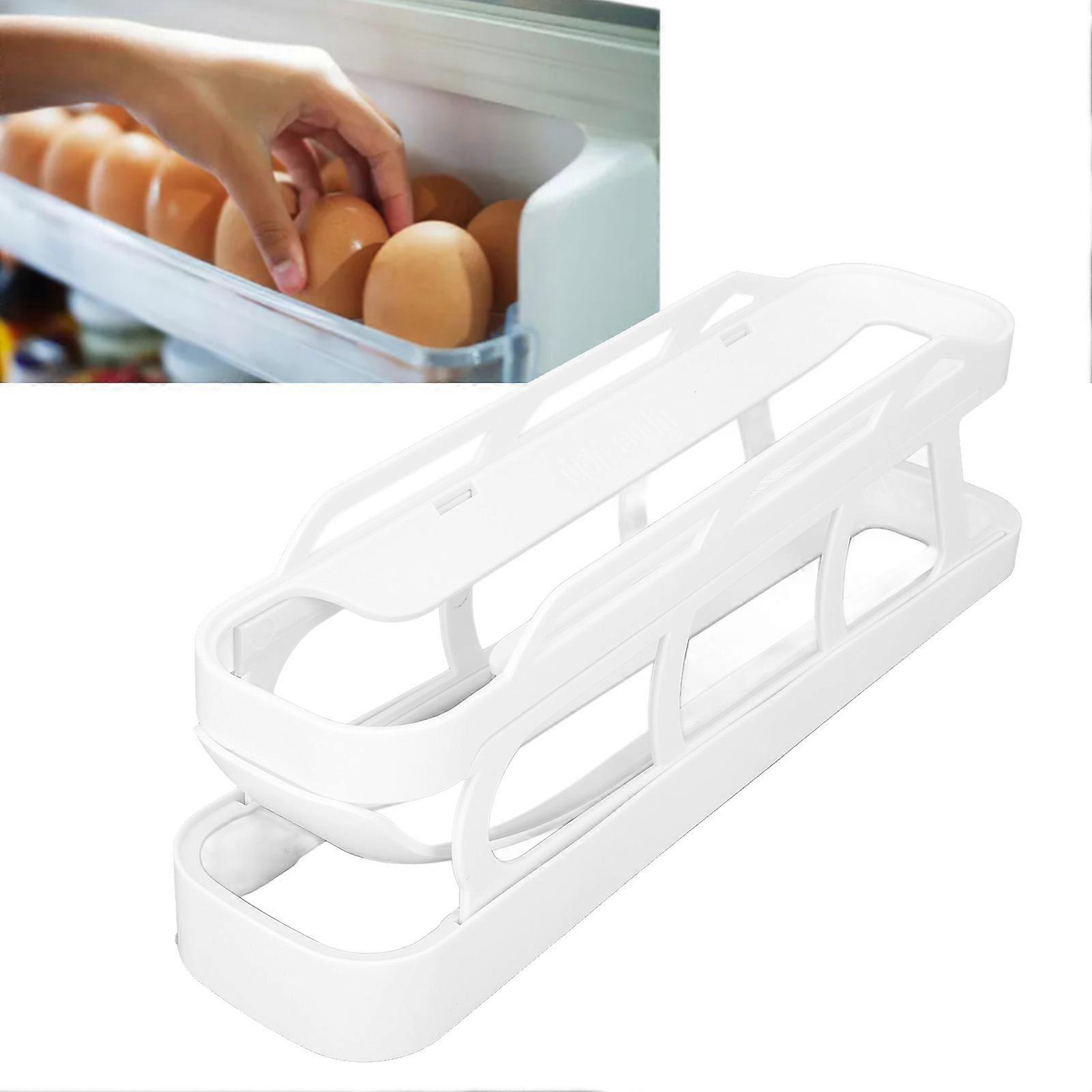 Rolling Egg Dispenser 2 Tier Space Saving Automatic Roll Down Egg Holder for Refrigerator Countertop White 
