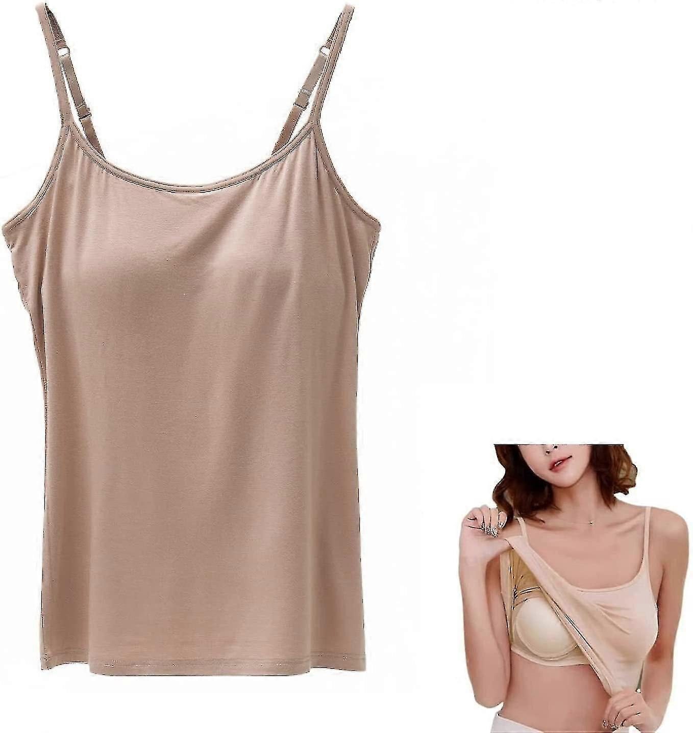 2 In 1 Women's Basic Seamless Camisole Solid Color Spaghetti Straps Slim Fit Cotton,adjustable Spaghetti Straps Tank Top With Built-in Bra