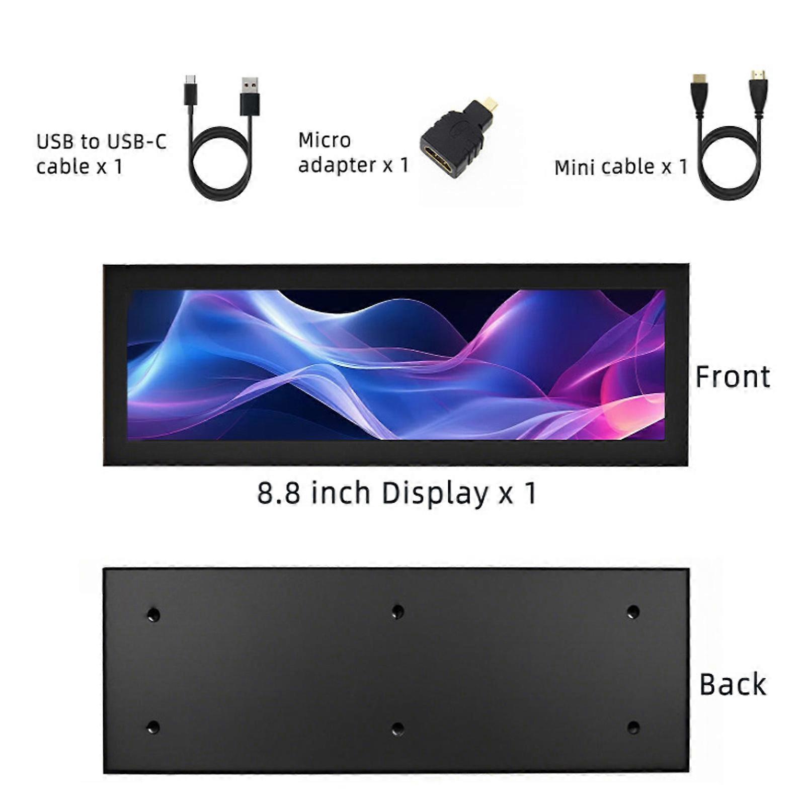 High Resolution 1920x480 PC Case Monitor 8.8inch Secondary Display Screen for RPi Systems Multicolor