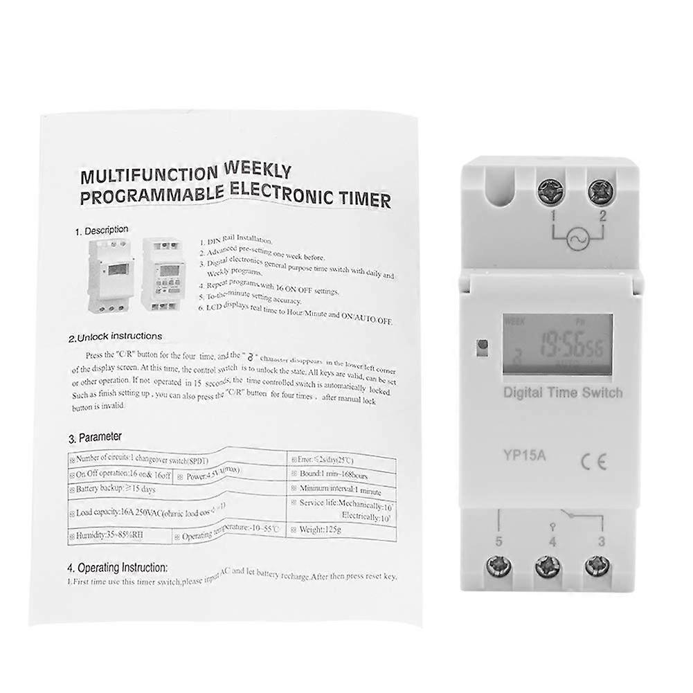 16A Digital Timer Switch with LCD Display, Programmable 8 Daily Programs, Battery Backup for Lights DC12V