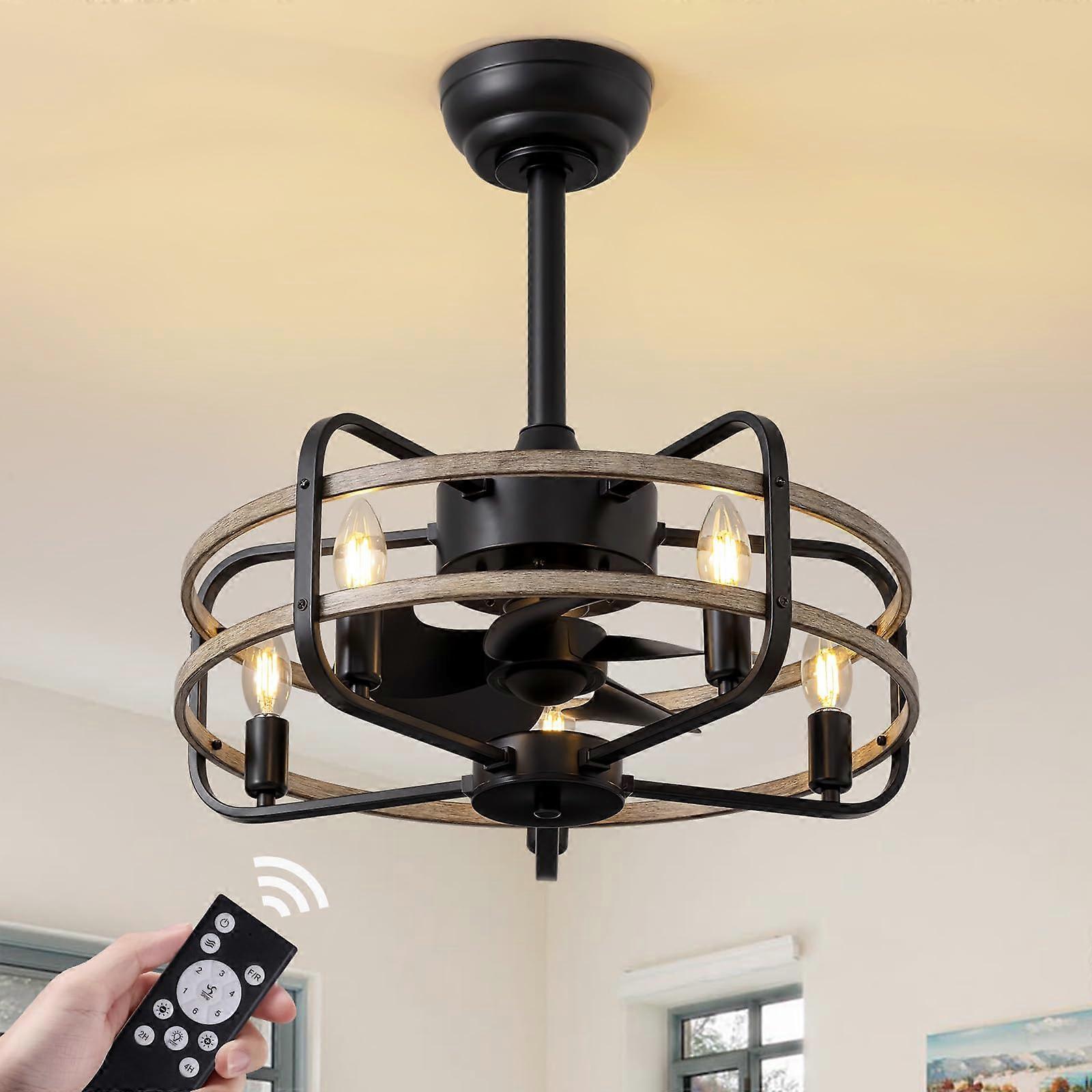 20 Inch Farmhouse Caged Ceiling Fan with Light and Remote, Flush Mount Rustic Bladeless Design