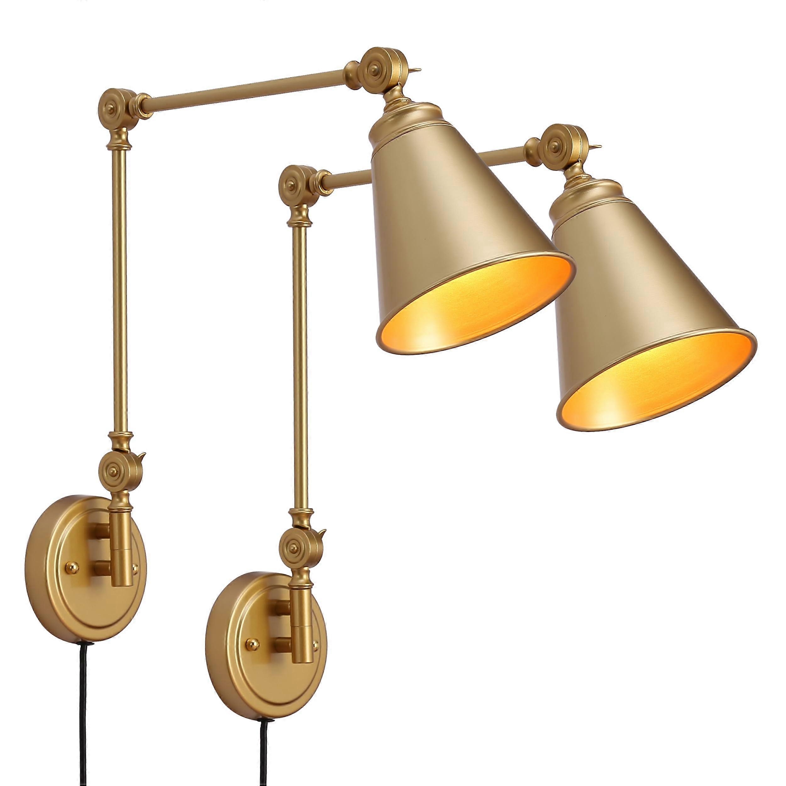 2PCS Adjustable Swing Arm Wall Sconce Rustic Gold Lampshade Plug in Vintage Wall Mounted Lamp