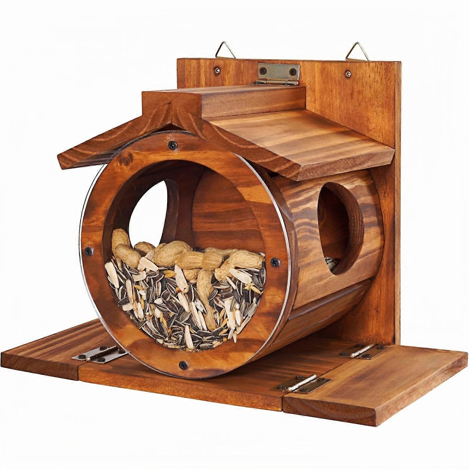 Squirrel Feeder Outdoor Wooden Weatherproof Lockable Lid Clear View Pine Chipmunk Corn Peanuts