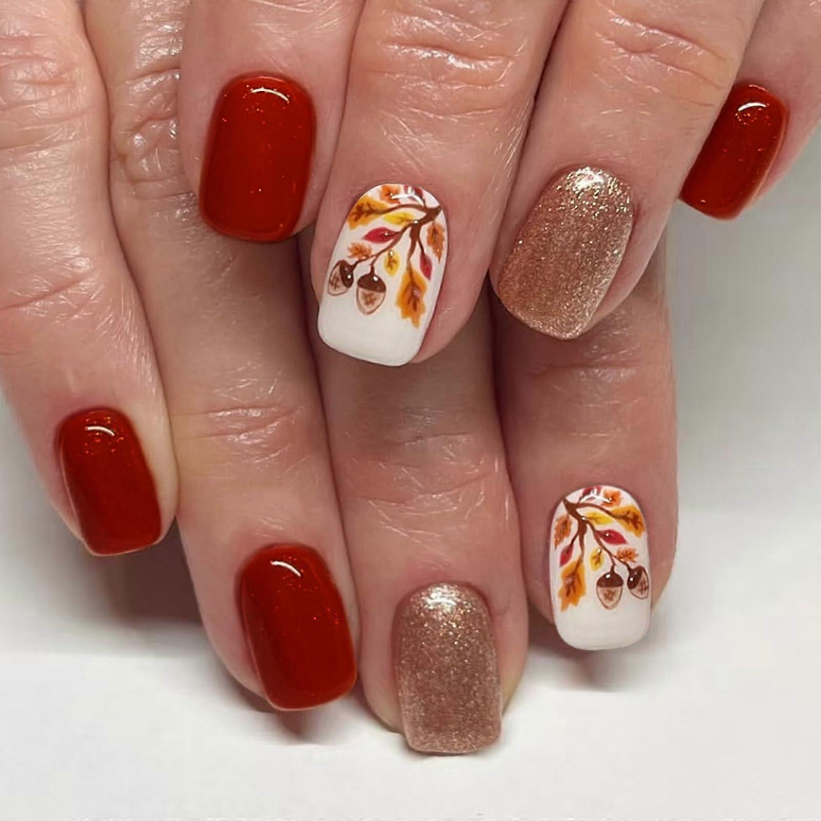 Short Square Press On Nails Set with Maple Leaf French Tips, Durable Acrylic Fake Nails for Fall