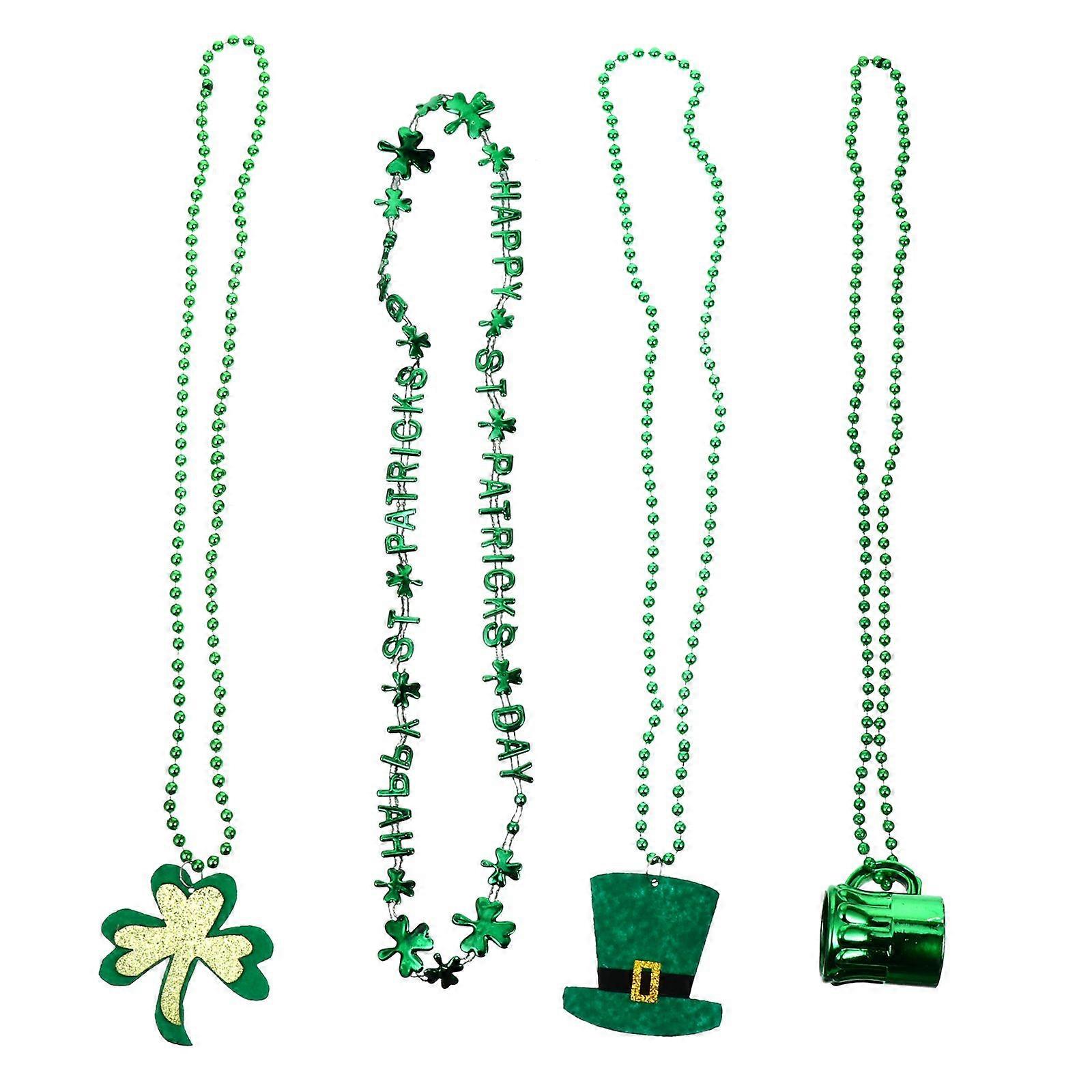 4 Pcs St. Patrick's Day Necklaces Round Beads Necklace Shamrock Neck Chains (Random Style)