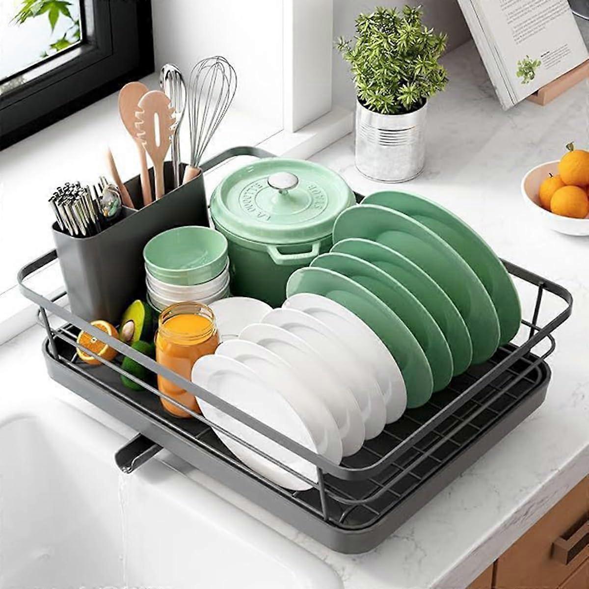 Dish Drying Rack with ThreeWay Drainage Spout, Rustproof Compact Design for Small Kitchen Counter Grey