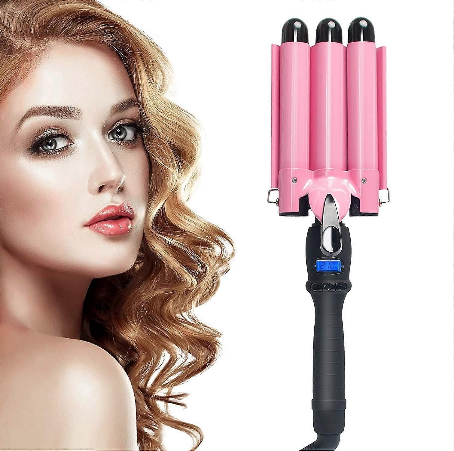 Automatic Rotating Curling Wand with LCD Display, Adjustable Temperature, Ceramic, Pink