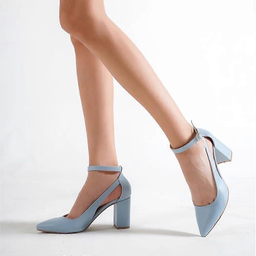 Blue Dressy Block Heel Ankle Strap Pumps RA-8030