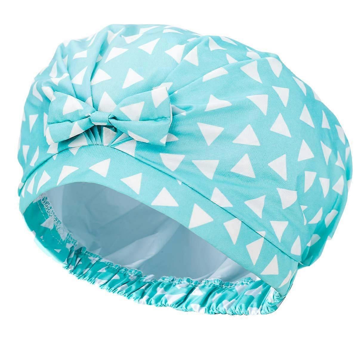 Extra Large Waterproof Satin Lined Shower Cap for Long Thick Hair with Bow, Blue Triangle