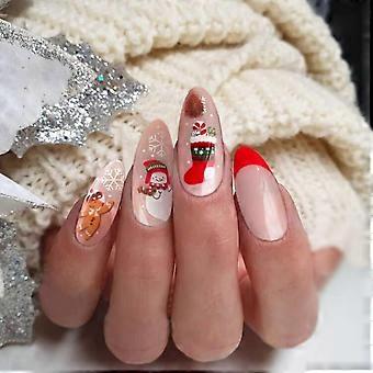 Christmas Press on Nails with Snowflake and Snowman Design, Holiday Fake Nails Medium Almond 24PCS