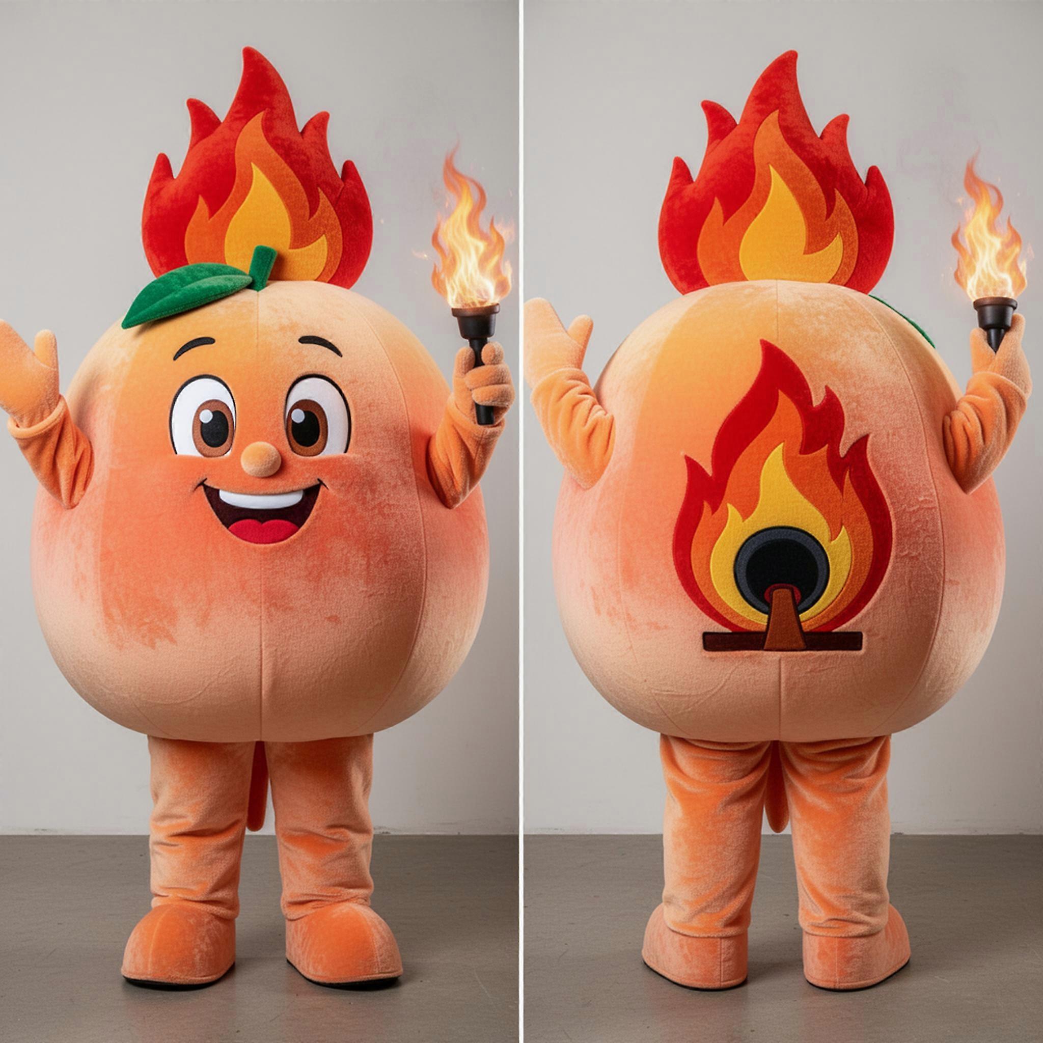 MASTICOT Blazing Cartoon Peach Fire Eater Mascot