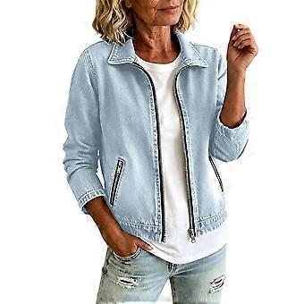 Women Cropped Jean Jackets Collared Zip Up Pullover Sweatshirt Lightweight Cardigan with Zipper Pockets  light blue XL