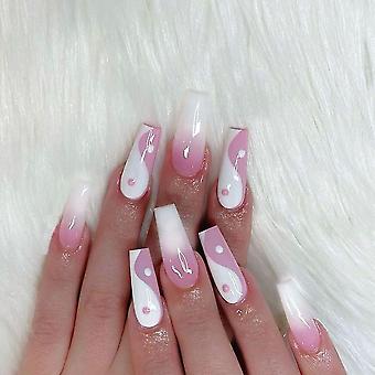 Glossy Press On Nails Long With Designs,pink Coffin Fake Glue On Na...