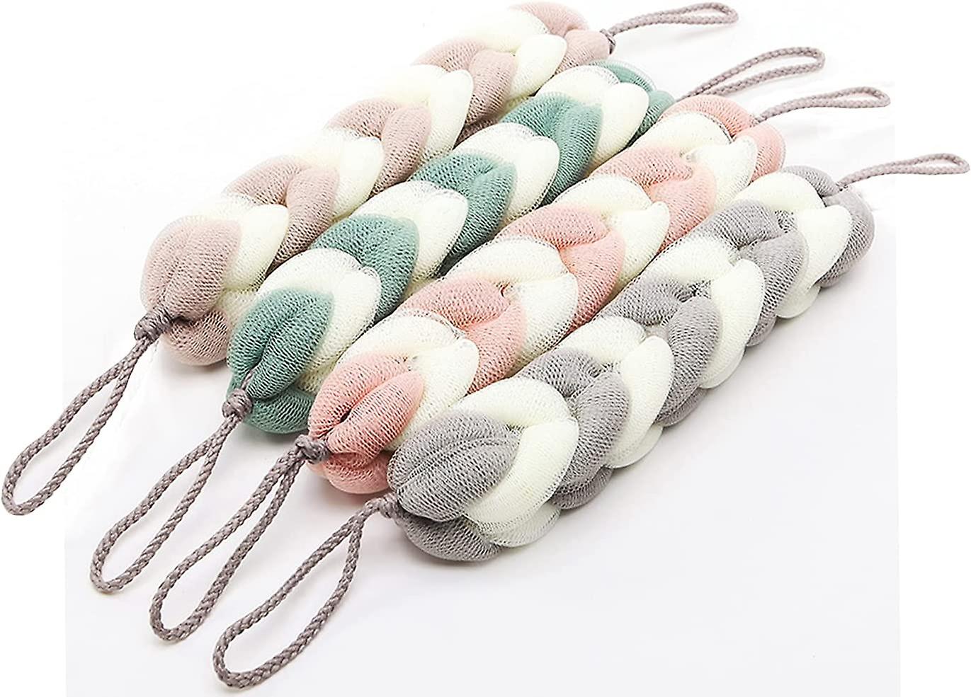 4 عبوات إسفنجة طويلة تمتد مع مقابض حبل ، اسفنج الجسم الغسيل الخلفي للاستحمام ، حمام دش شبكة الإسفنج الجسم التنظيف العميق للرجال والنساء 