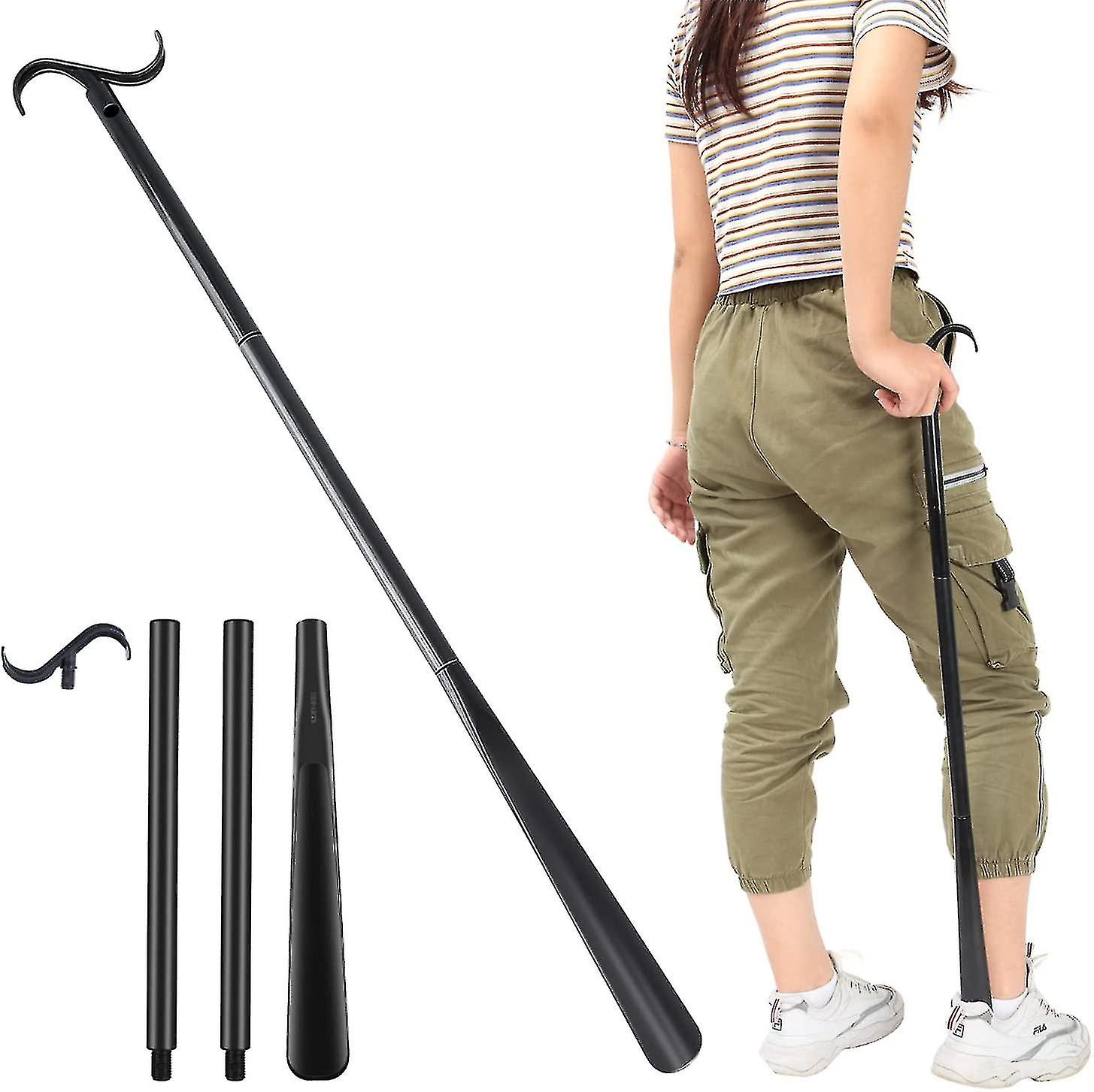 Long Dressing Stick With Shoe Horn With Sock Removal Tool, Adjustable Extended Dressing Aids For Shoes, Socks, Shirts And Pants1pcs-black