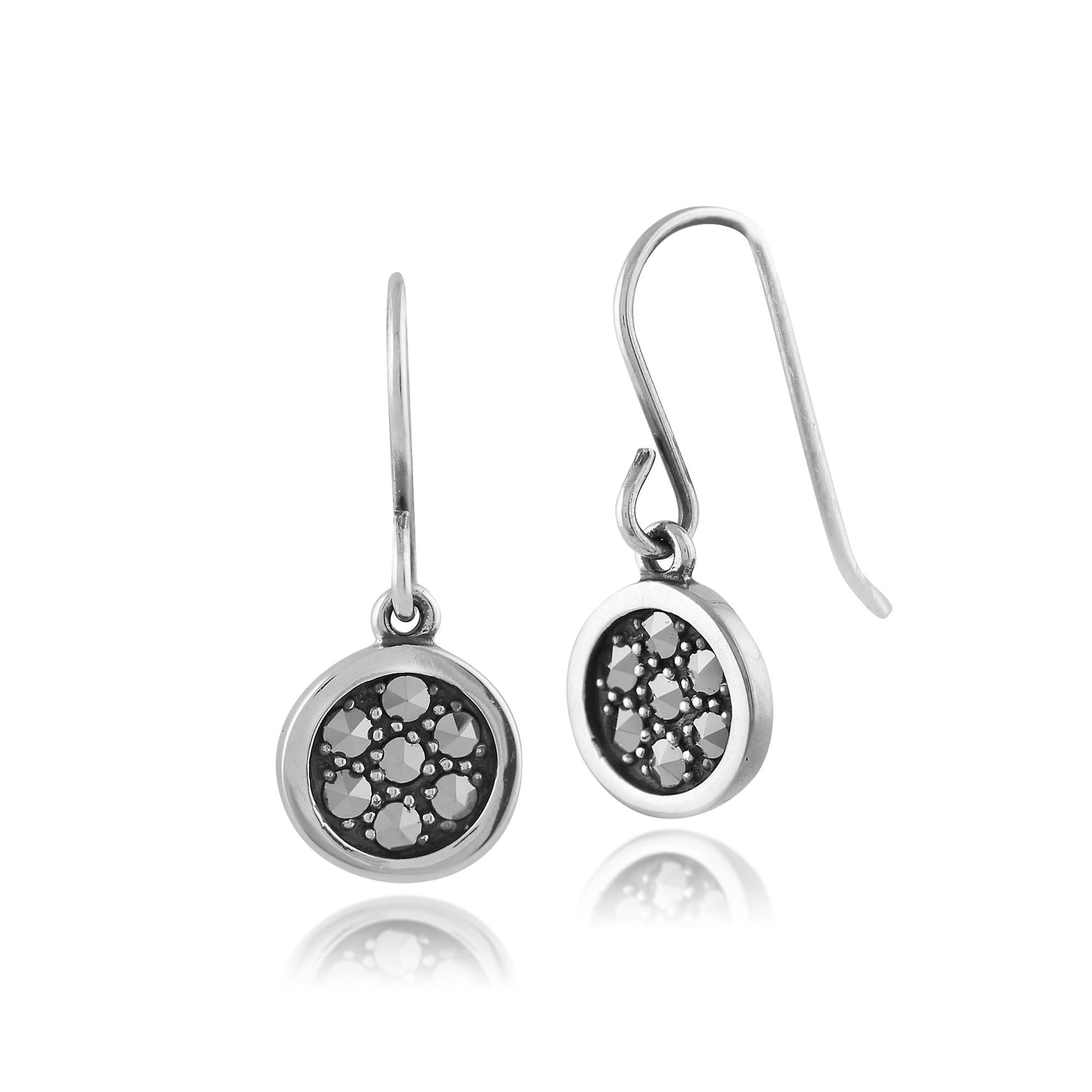 Classic Round Pave Set Marcasite Drop Earrings in 925 Sterling Silver 214E756401925