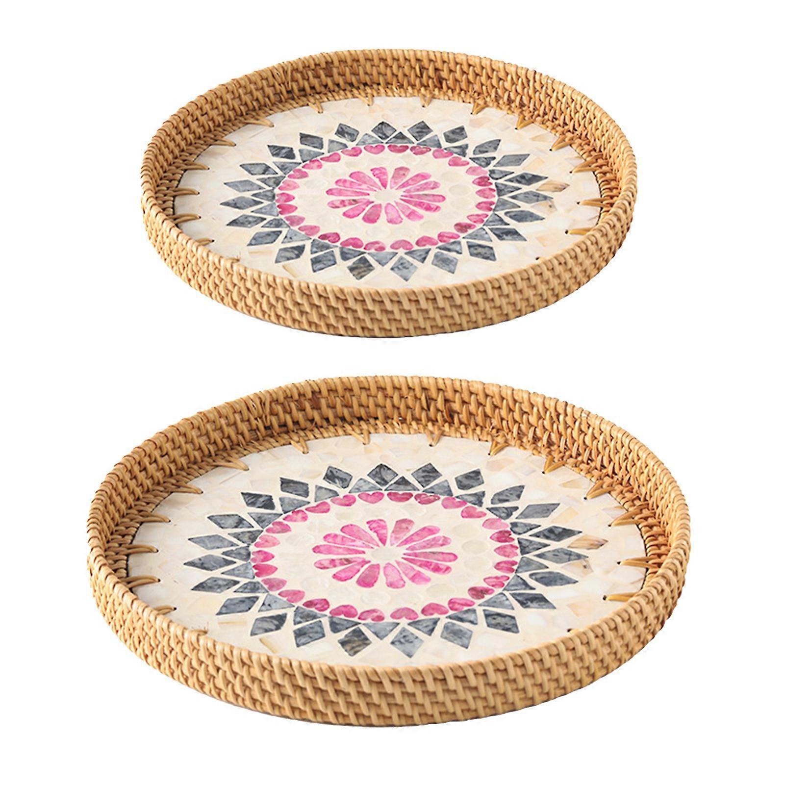 2pcs Handmade Rattan Tray with Colorful Shell Fruit Plates for Home