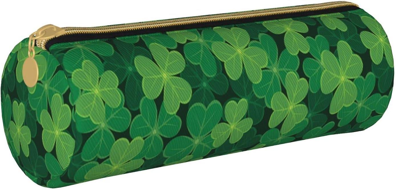 Leather Pencil Case Clover-Green-Leaf Holder Pouch Box Makeup Bag