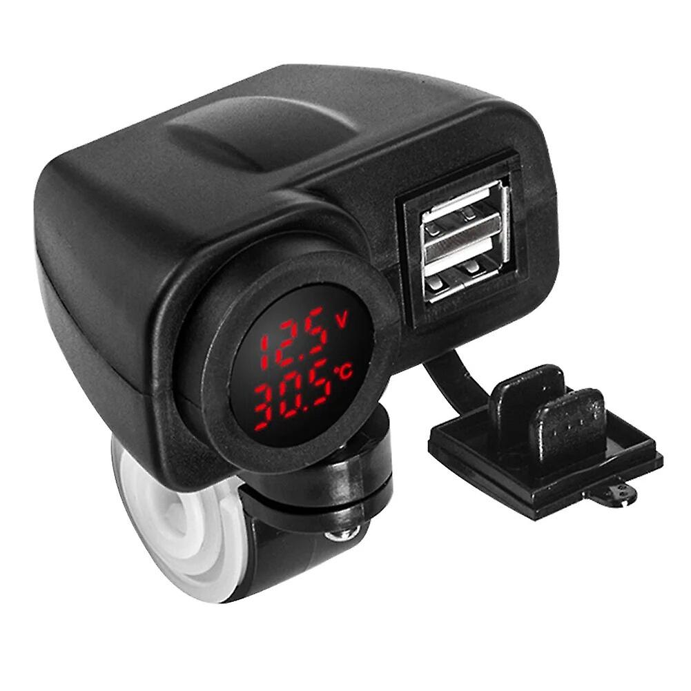 Motorcycle Handlebar 2.4a Dual Usb Charger With Digital Voltmeter Thermometer