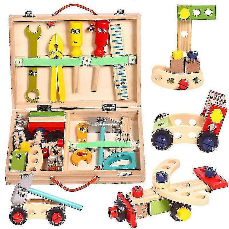 キッズツールセット、ツールボックス付きのごっこ遊び幼児木製工具玩具、3歳、4歳、5歳以上の男の子と女の子のための教育用DIY玩具(34個)