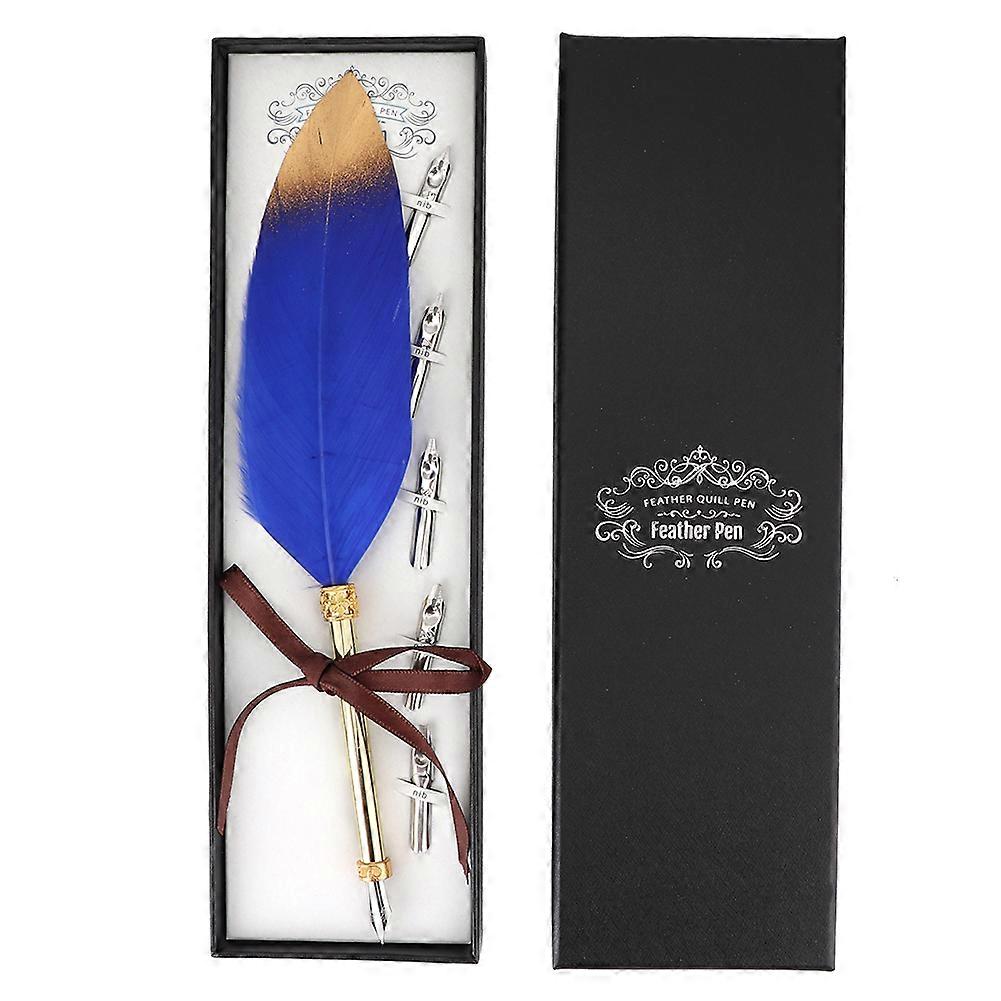 Retro Classical Style Feather Pen Kit Metal Calligraphic Pen Gift Box for StudentBlue